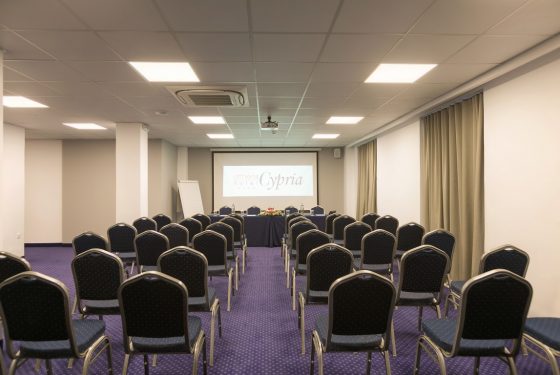 Conference room cinema style layout with large projector screen at the front of the room.
